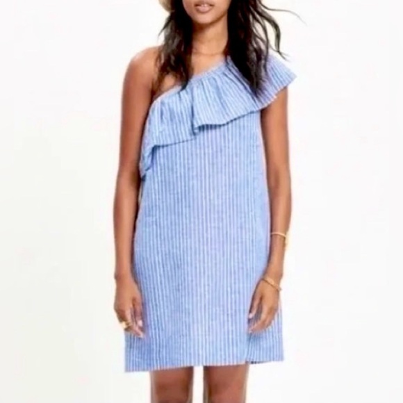 MADEWELL Striped One Shoulder Ruffle Denim Chambray Dress Size XS. - Picture 2 of 5